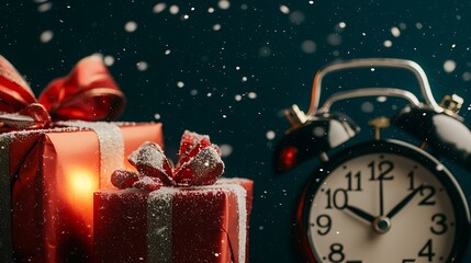 Mirrorless 35mm showing wrapped festive gifts glowing beside countdown clock under snowfall