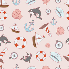 Sailor doodle seamless pattern in cute vector art illustration. Nautical hand drawn clipart cartoon pattern for wallpaper, print, paper, wrapping paper, baby, newborn