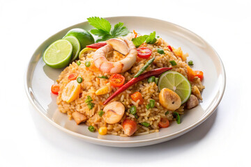 Festive Fried Rice: A vibrant and appetizing plate of fried rice is adorned with shrimp, fresh vegetables, and aromatic garnishes, a true culinary delight.