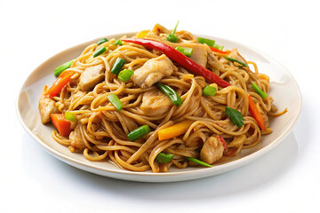 Savory Noodles Delight: A delectable serving of noodles, elegantly plated with tender chicken pieces and an array of vibrant, fresh vegetables, enticing the senses.