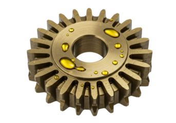 Golden cogwheel with oil drops isolated on transparent background, industrial machinery part