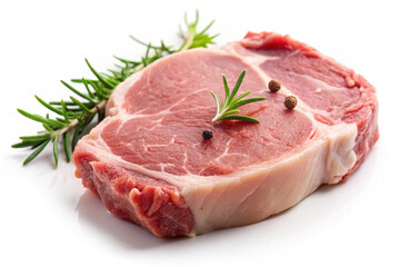 Raw Steak with Fresh Herbs: A succulent raw steak is artfully arranged with vibrant sprigs of rosemary and peppercorns, capturing the freshness and culinary promise.