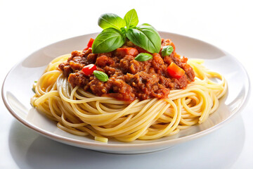 Pasta Perfection: A beautifully plated serving of spaghetti bolognese, featuring a rich meat sauce and fresh basil leaves, showcasing culinary artistry and the pleasure of a classic dish.