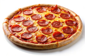 Pepperoni Pizza: A close-up, mouthwatering shot showcases a classic pepperoni pizza, fresh out of the oven with its melted cheese and flavorful pepperoni. The perfect comfort food.