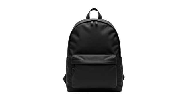 A sleek black backpack with a front pocket and adjustable straps.