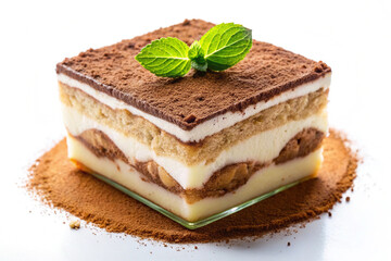 Tiramisu Delights: A beautifully crafted, square tiramisu dessert, showcasing layers of ladyfingers, creamy mascarpone, and cocoa powder, garnished with a sprig of fresh mint. 