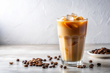 Iced Coffee Delight: A tall glass of iced coffee, expertly crafted with a rich brew, is elegantly displayed beside scattered coffee beans, and a side plate. The enticing sight awakens the senses.
