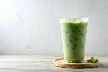Matcha Iced Drink on Wooden Surface: A refreshing matcha iced drink, served in a clear plastic cup, sits on a wooden tray with a sprig of fresh mint, ready to drink.