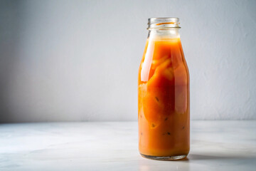 Refreshing Juice in a Bottle: A vibrant orange-hued juice, housed within a clear glass bottle, sits poised against a soft, clean background, ready to invigorate and refresh.