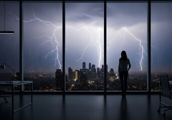 Inspiring Visionary Stares at Storm Over City, Planning for the Future. Use this image for Business Consulting, Insurance Marketing, or Resilience Campaigns