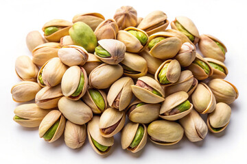 Pistachios pile: A high-angle, studio shot showcases a pile of freshly cracked pistachios, the vibrant green kernels bursting forth from their shells, representing freshness and culinary appeal.