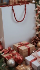 Festive Christmas gifts with red ribbon ornaments pinecones and a large white gift bag