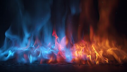 Abstract visual representing clashing flames, half blue, half orange, against dark backdrop