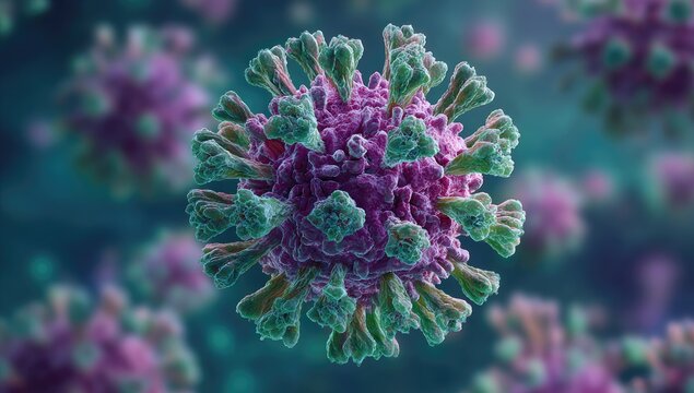 3D render of a virus particle with spike proteins on a blurred background