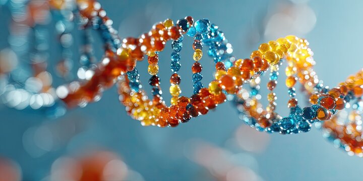A vibrant, artistic rendering of a DNA double helix, with colorful, blurred beads
