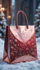 Shiny red shopping bag with ornate snowflake and branch design on snow with blurred festive lights