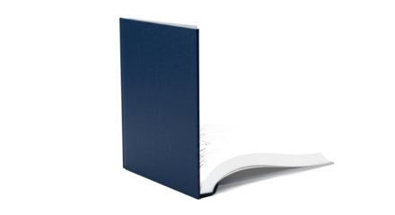 Blue book standing upright with pages open on a white background.