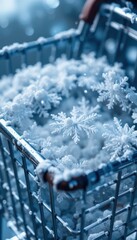 Close up of intricate snowflakes and snow piled inside a shopping cart with a blurred winter background