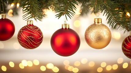 Full-frame 85mm emphasizing festive tree ornaments with blurred snowy outside window