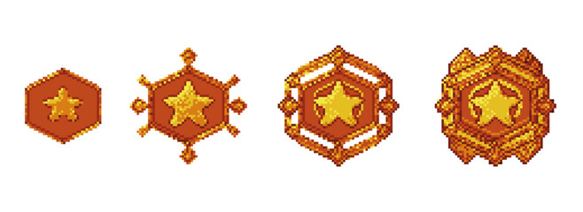 Pixel medal with star for game ui. Gold insignia hexagon rank set. Reward badge for military achievement and rating. Casino vector app element. Golden winner award as bonus. Medieval win emblem kit.