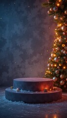 A decorated Christmas tree with warm lights stands beside a circular display stand with candles and gifts