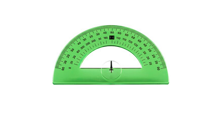Green plastic semi circular protractor for measuring angles.