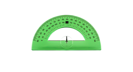Green plastic semi circular protractor for measuring angles.