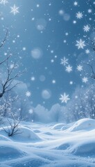 Snowfall blankets a serene winter landscape with frosted trees and gentle drifts under a clear blue sky