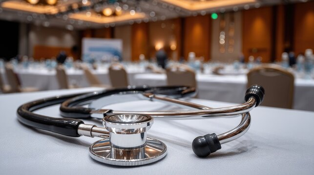 Medical conference setting with stethoscope placed on a table, showcasing healthcare discussions in a spacious venue