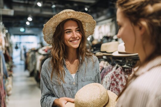 Two young women shopping for hats in a stylish clothing store, with one holding a straw hat and smiling, surrounded by racks of clothes and various accessories.