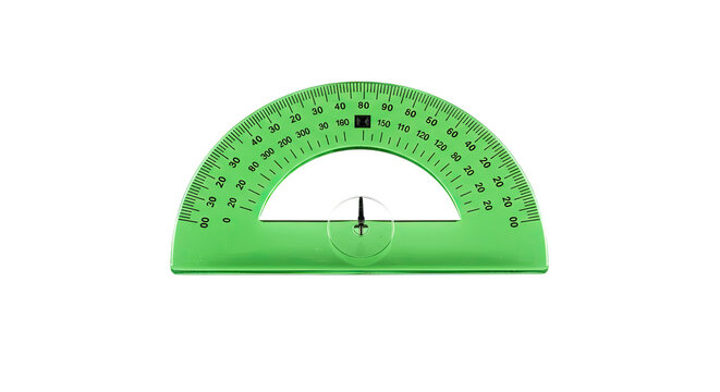 Green plastic semi circular protractor for measuring angles.