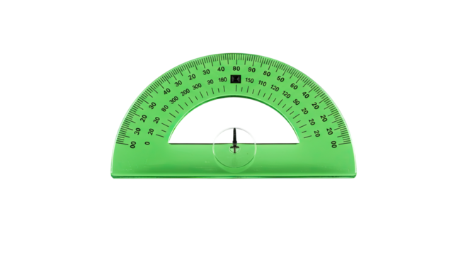 Green plastic semi circular protractor for measuring angles.
