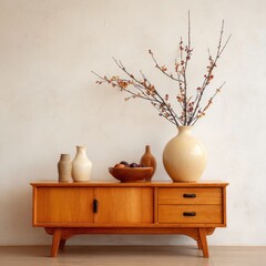 Mid-century modern wooden cabinet with decorative items.