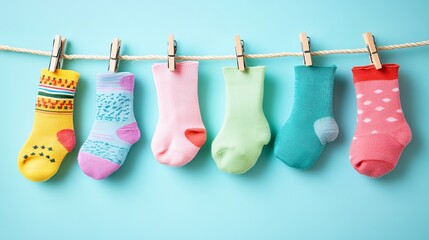 Various socks hanging on a clothesline with clothespins against a blue background.

