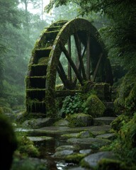 Colossal Moss-Covered Water Wheel Turning Slowly in a Lush Green Forest Setting