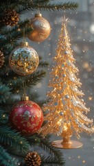 Ornate golden Christmas tree and baubles adorn festive pine branches with sparkling lights and pinecones