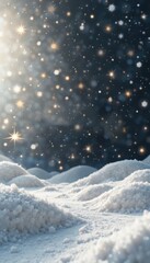 Snow covered landscape with falling stars and sparkling lights against a dark night sky