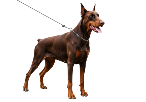 Elegant brown Doberman Pinscher dog isolated, purebred canine companion on transparent background
