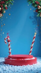 Christmas podium with candy canes pine branches gold ornaments and snow decorations