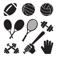 Sports Equipment Silhouette Vector Set – Football, Tennis, Dumbbell, Racket, Gloves