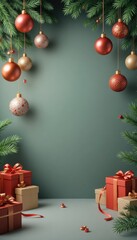 Christmas tree branches with ornaments and festive gift boxes on a muted background