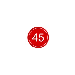 This image shows a bold red circular badge with the number 45 written in white at the center. The circle has a thin white outline, making it stand out against the plain white background. It resembles 