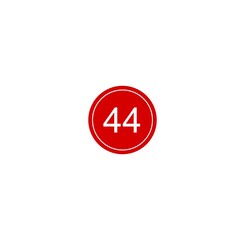 This image shows a bold red circular badge with the number 44 written in white at the center. The circle has a thin white outline, making it stand out against the plain white background. It resembles 