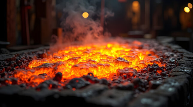 Glowing hot coals in a furnace with rising smoke haze