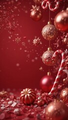 Festive red Christmas ornaments and candy canes with scattered confetti and glitter