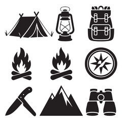 Camping Equipment Silhouette Vector Set, Tent, Lantern, Backpack, Compass, Fire