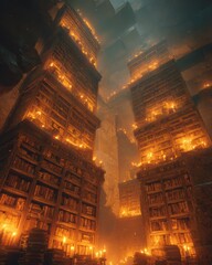 Enchanting Ancient Library with Towering Shelves and Glowing Runic Candles in Mystical Setting