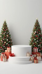 Two decorated Christmas trees flank a multi tiered white podium surrounded by gifts
