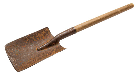Old rusty shovel with wooden handle isolated on white background.