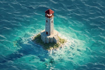 Lonely Low Poly Lighthouse on Square Island Surrounded by Turquoise Water